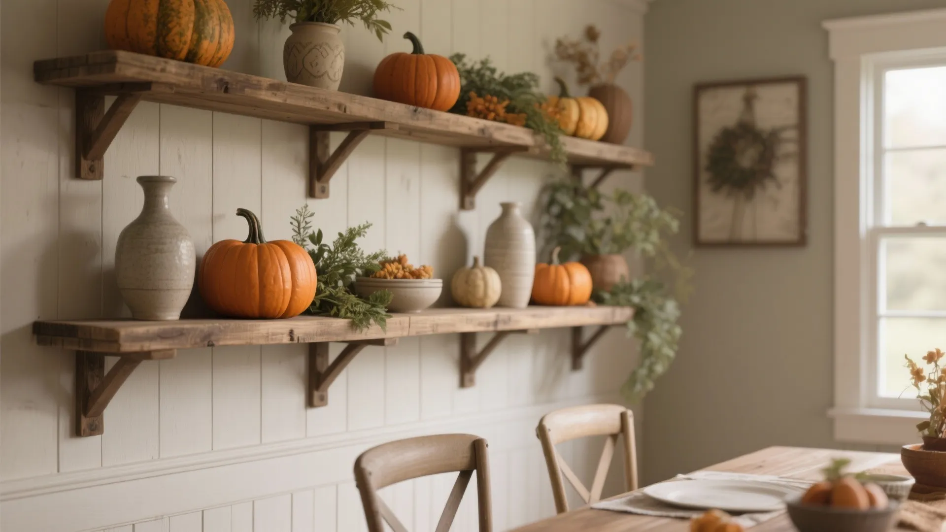 4. Rustic Shelving with Seasonal Décor