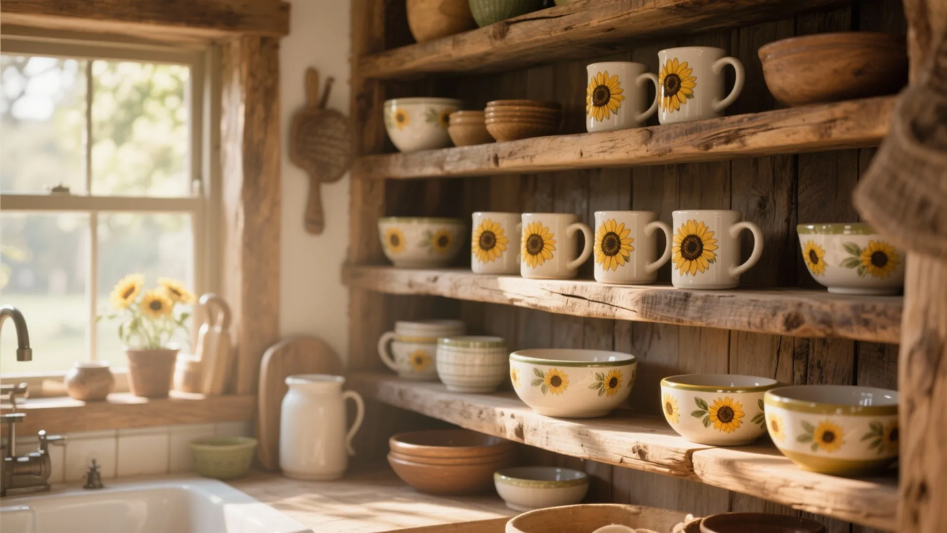 2. Rustic Wooden Shelves with Sunflower Decor