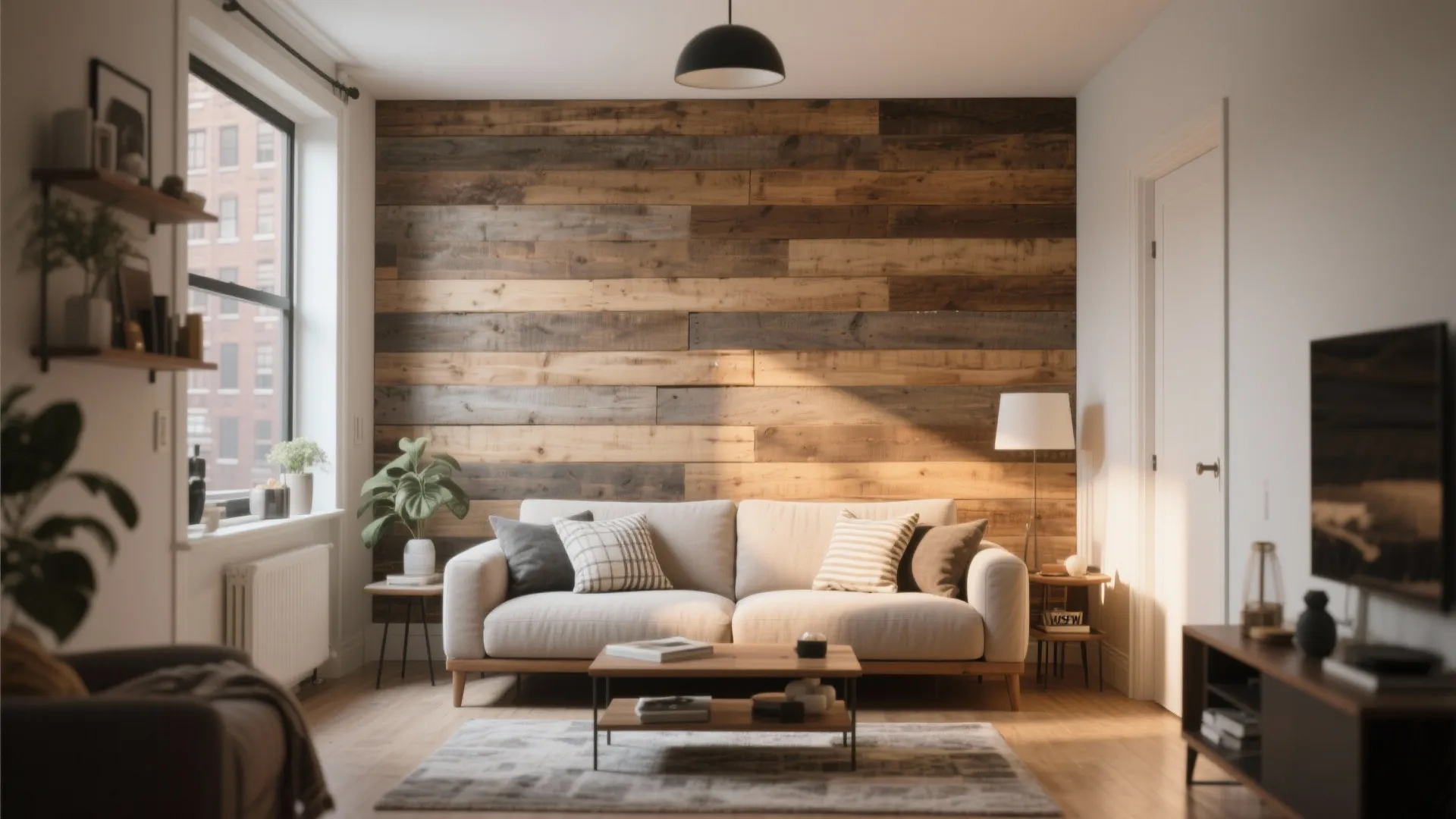 Cozy living room with horizontal wood wall panel behind a white sofa and wooden coffee table