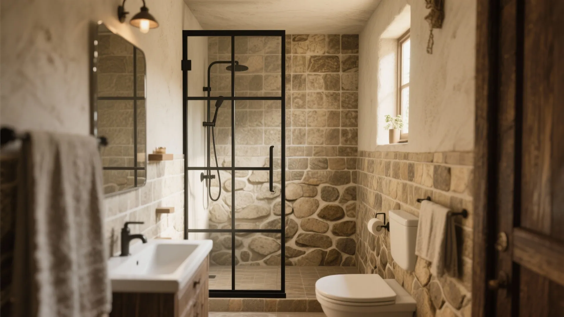 Rustic bathroom shower with matte-black framed glass