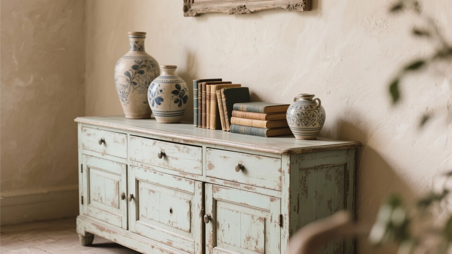 Aged rustic sideboard with ceramics and books in French style