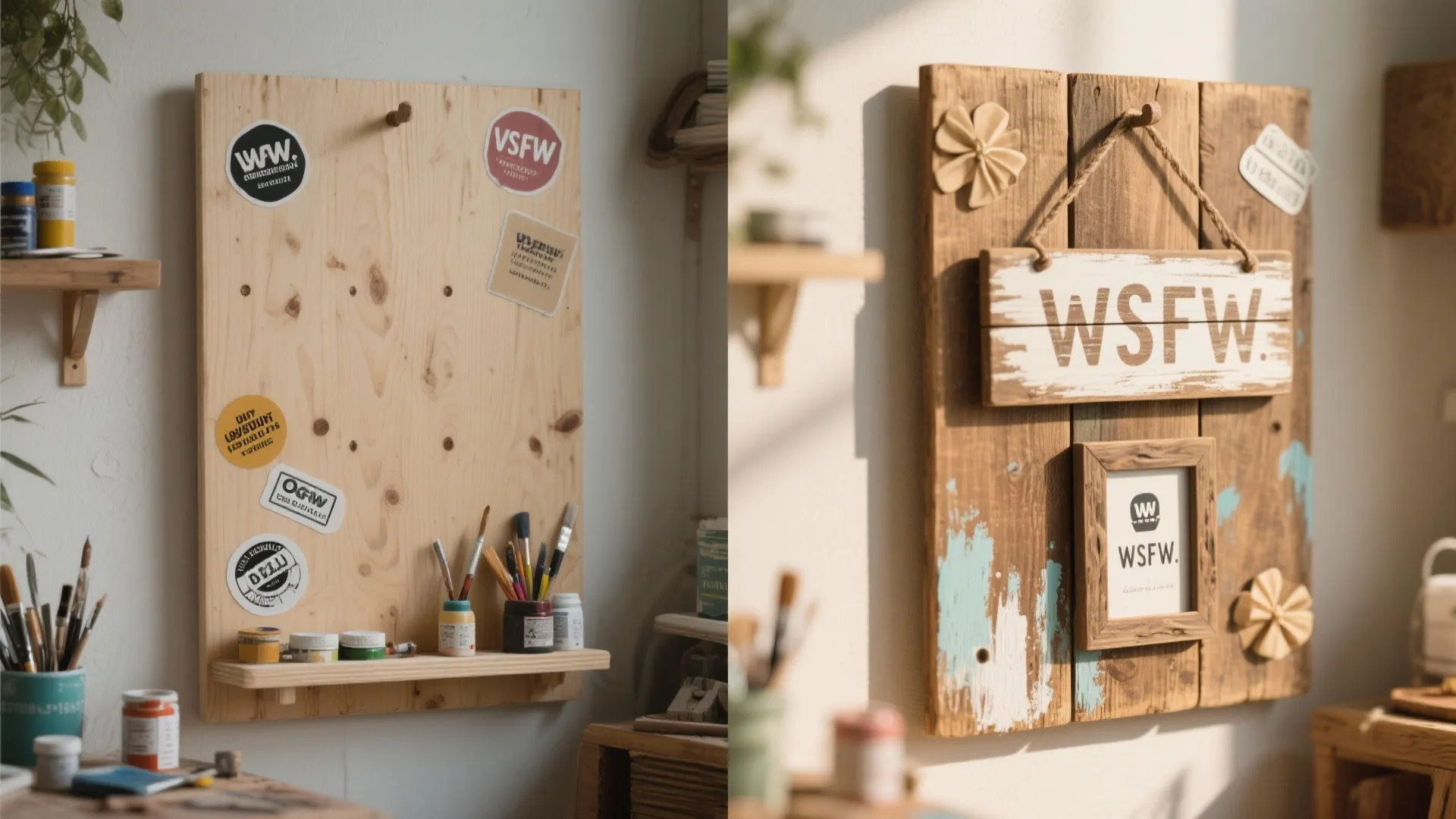 Comparison showing a plain wooden board versus a finished rustic wall sign with frame and lettering