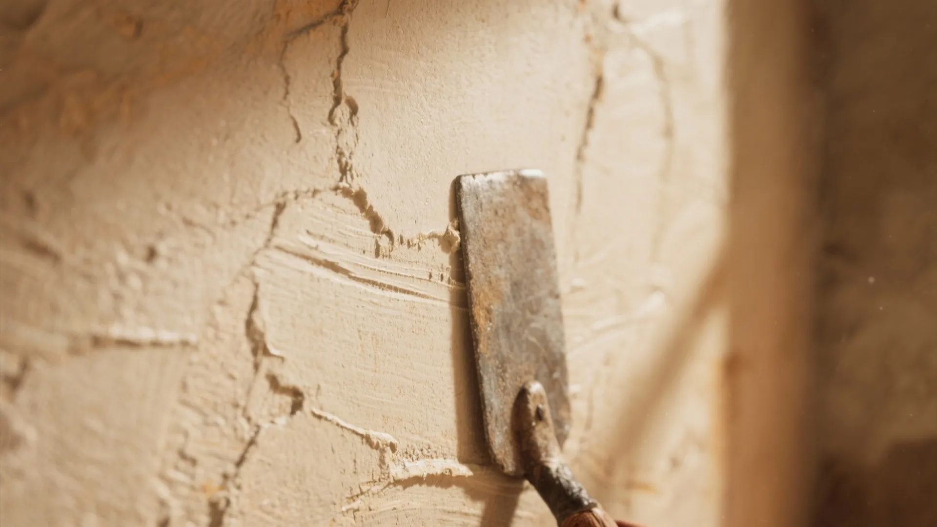 Metal tool applying thick beige plaster to a wall with a rough and heavily textured surface
