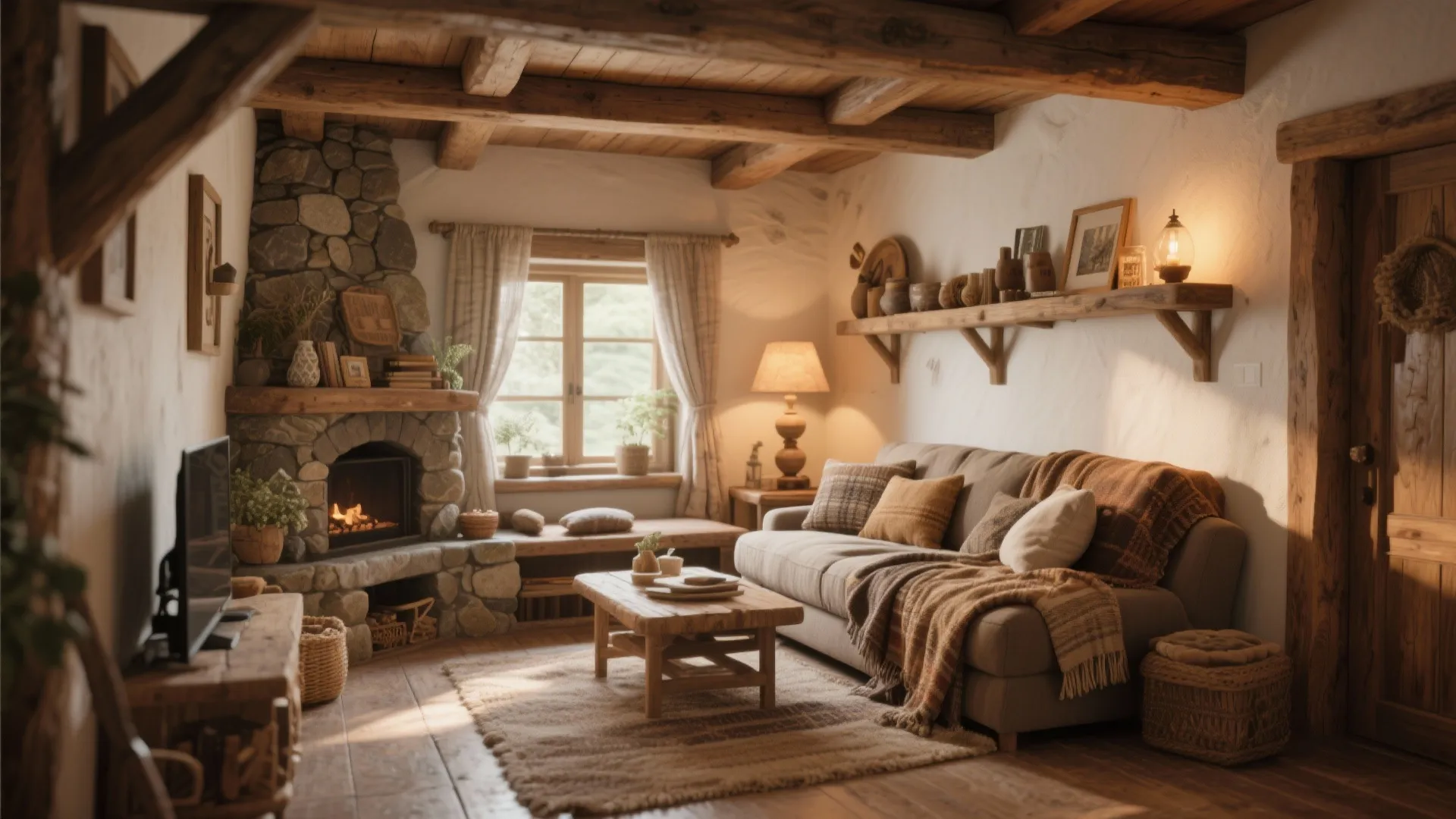 Rustic living room with stone fireplace, wood beams, cozy sofa, coffee table and warm light