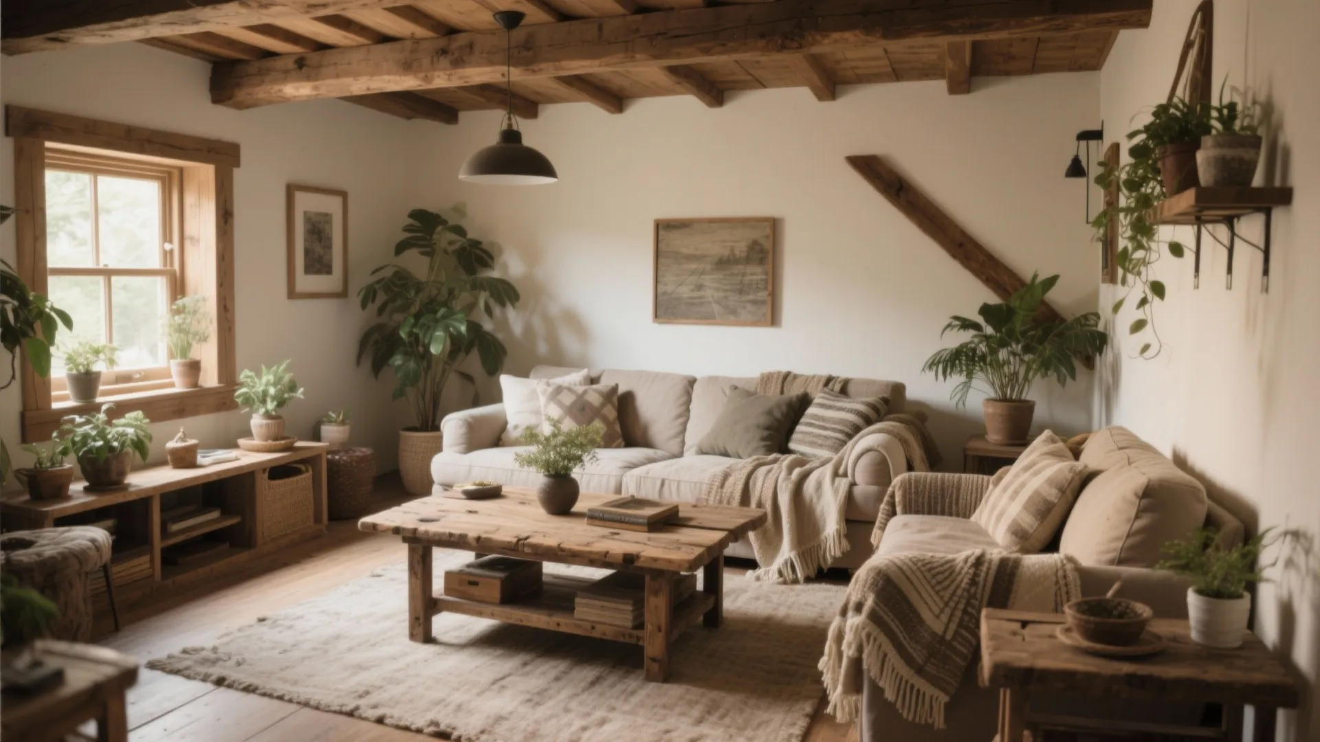 Rustic living room with wooden ceiling beams beige sofa wood coffee table and many green plants
