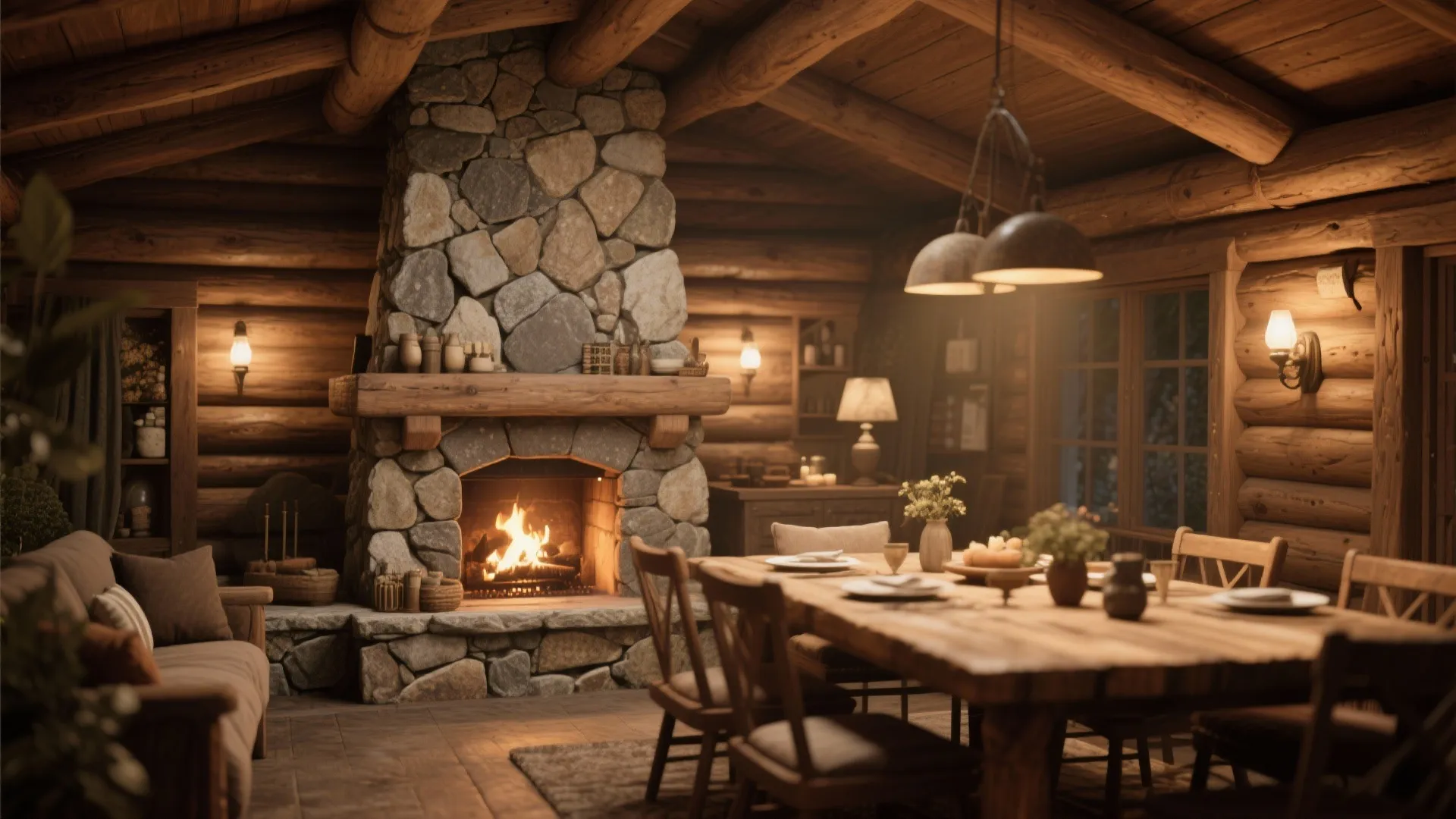 Rustic log cabin interior with stone fireplace burning wood near wooden dining table and chairs