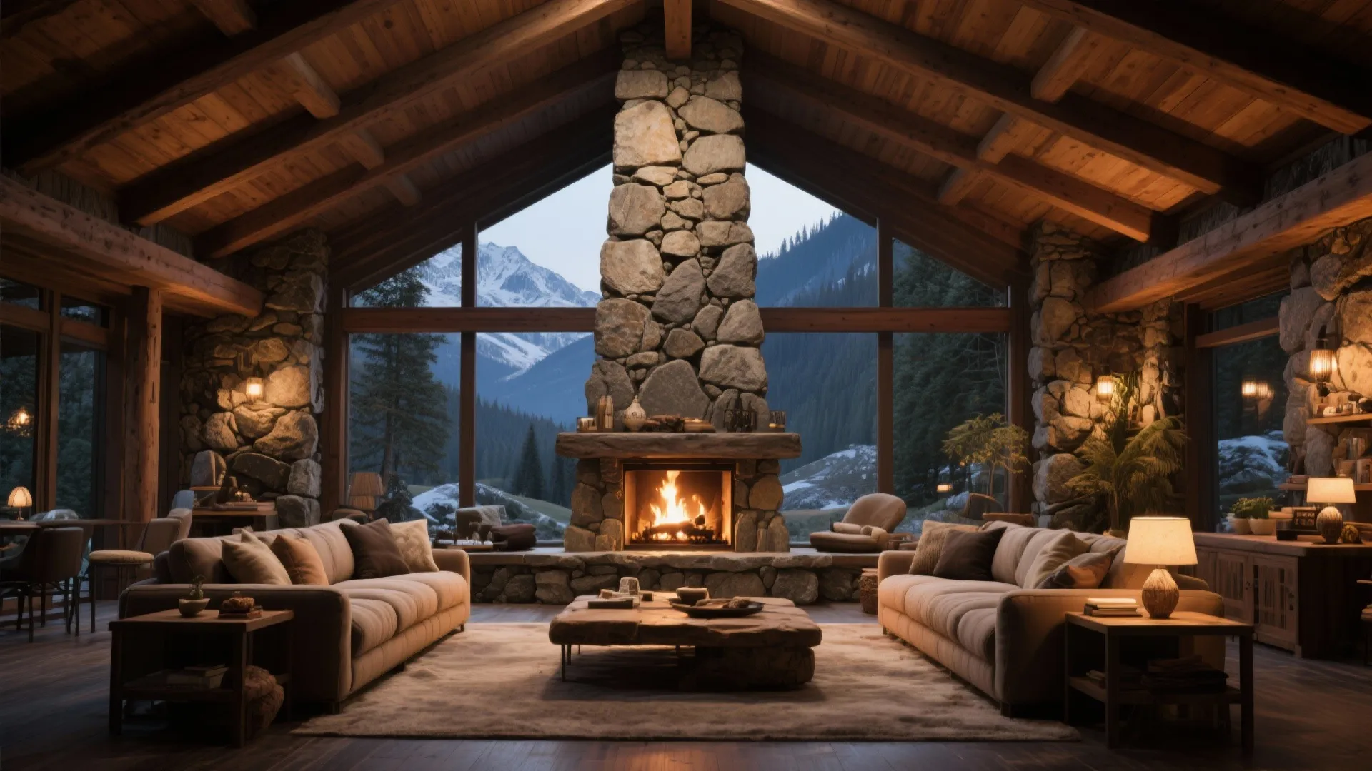 Rustic living room with stone fireplace large windows mountain view wooden ceiling sofas and warm lighting