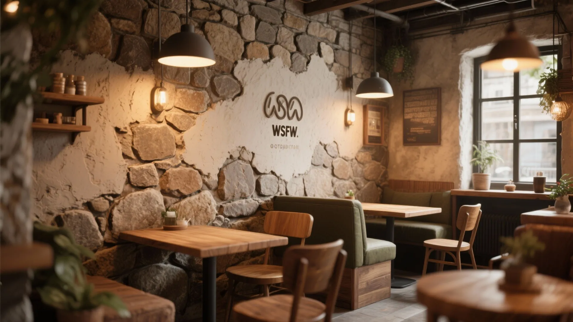 Rustic cafe interior with stone wall wood tables green booth seating and warm ceiling lights