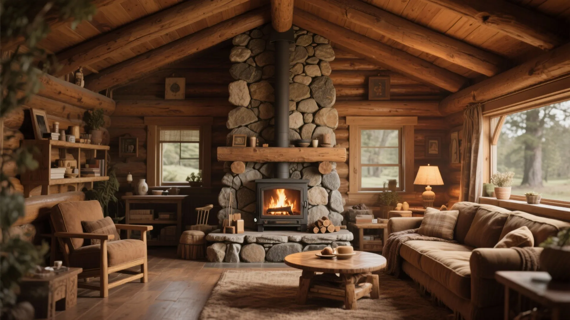 Rustic log cabin living room with a large stone fireplace brown sofa and wooden coffee table