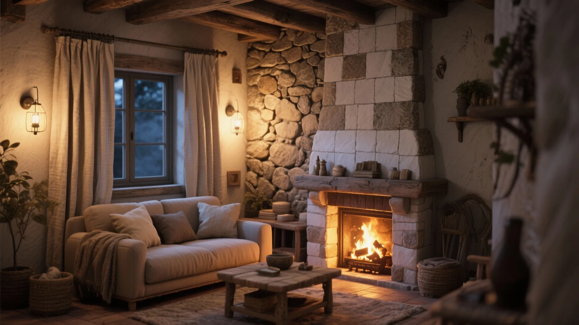 Cozy living room with stone wall fireplace wooden ceiling beams white sofa and warm lighting