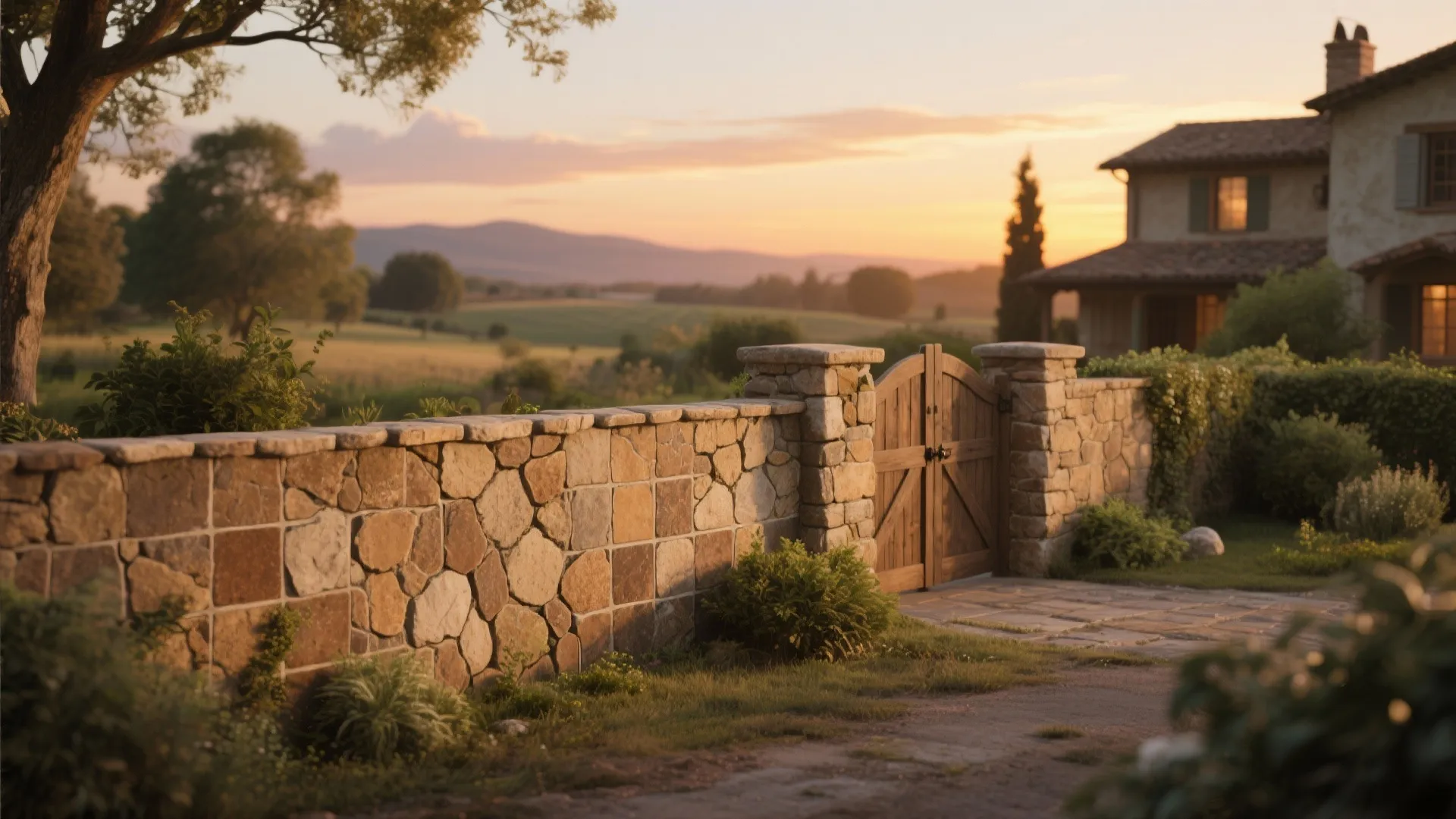Rustic stone garden wall with small wooden gate overlooking beautiful countryside hills during a golden sunset