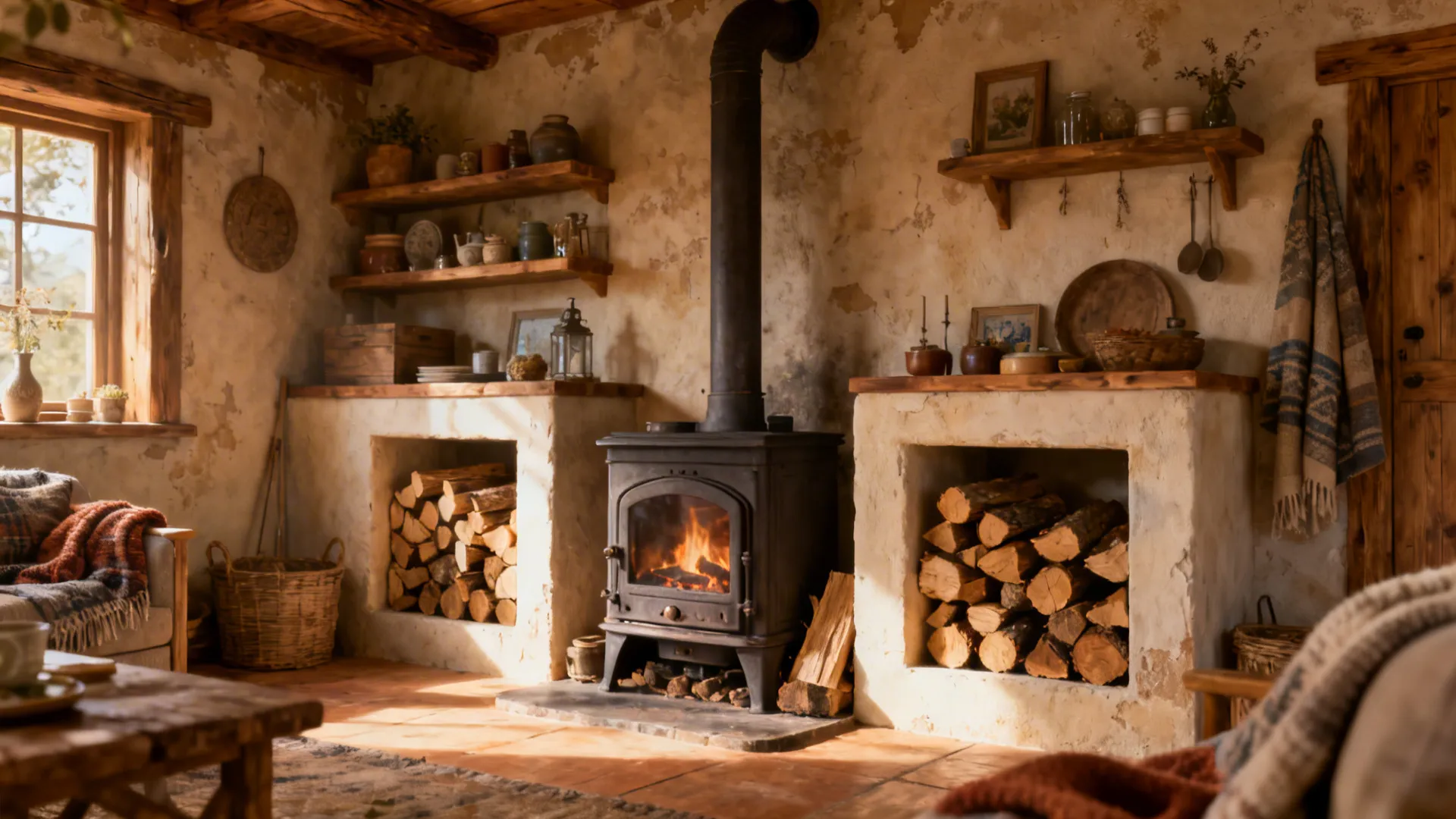 Rustic cottage stove with built-in cubbies filled with firewood and decor.