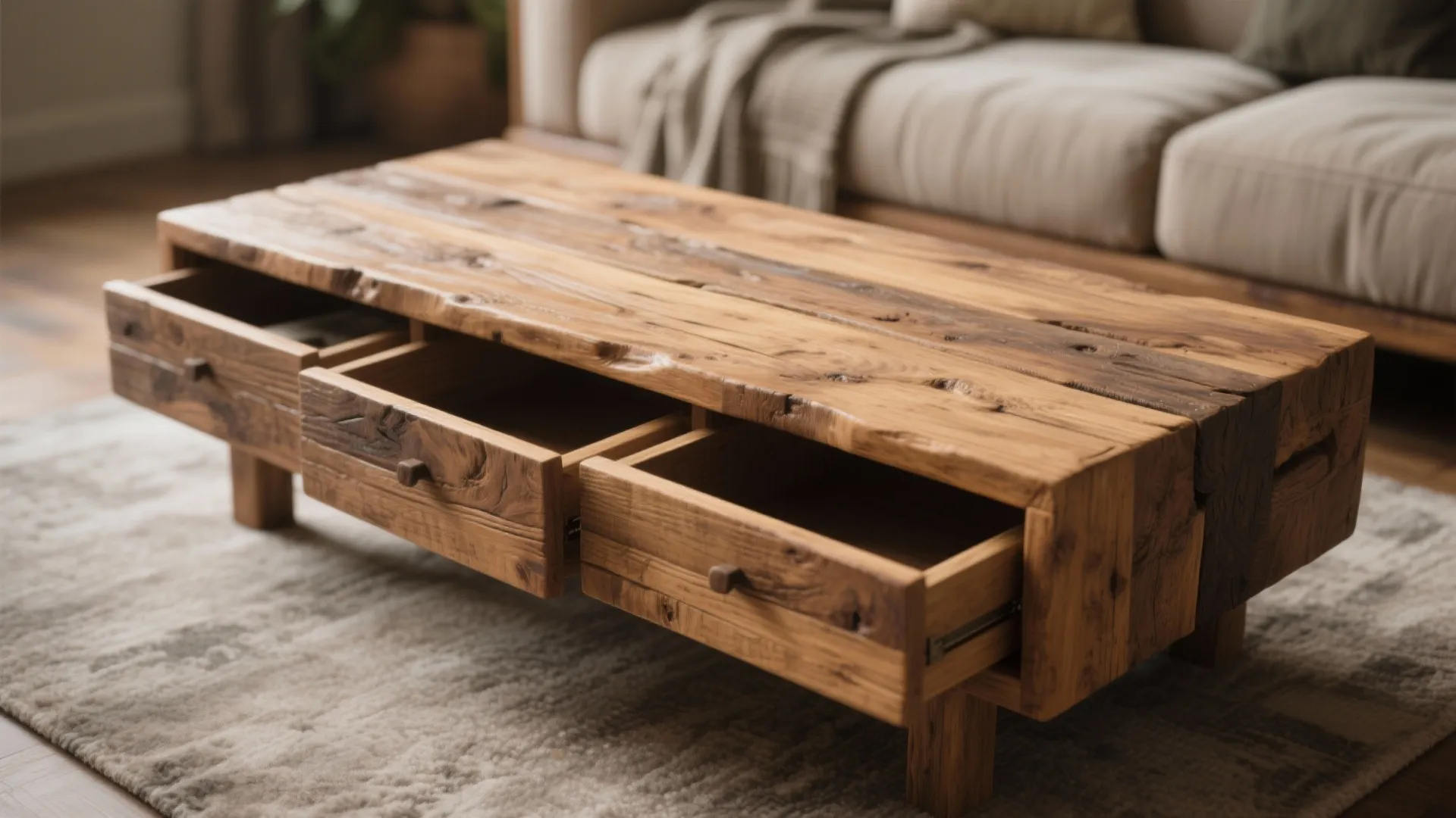 Low wooden coffee table with three open drawers showing natural wood grain on a rug