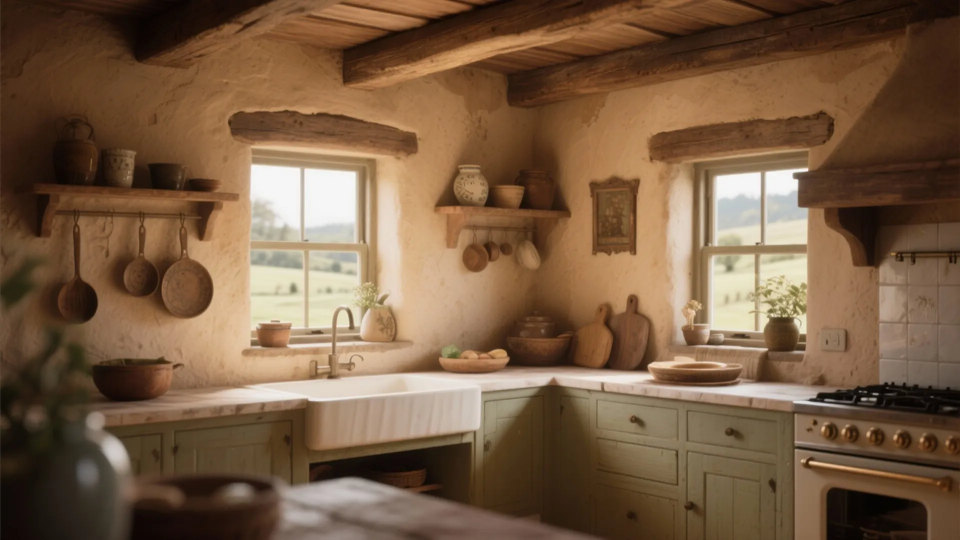 Rustic kitchen with wooden ceiling beams green cabinets white sink and windows showing a field