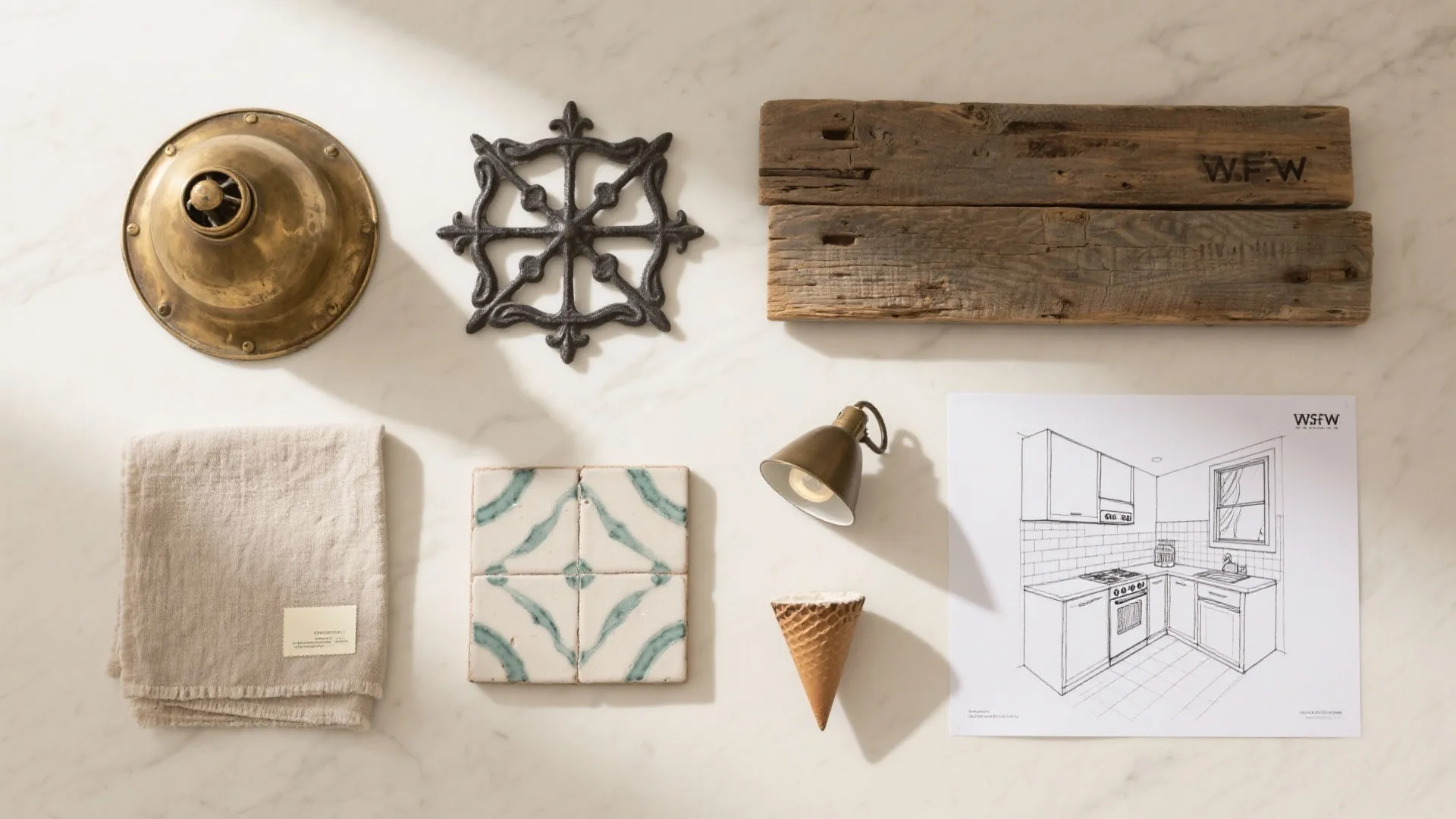 Flat lay of interior design drawing wood tiles metal wall light and small decorative items