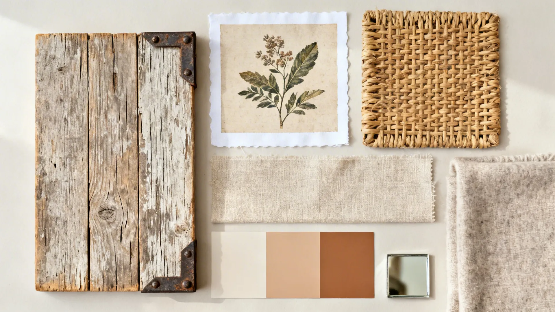 Flatlay of rustic materials including wood, iron, woven textures, botanical art, and neutral fabrics.