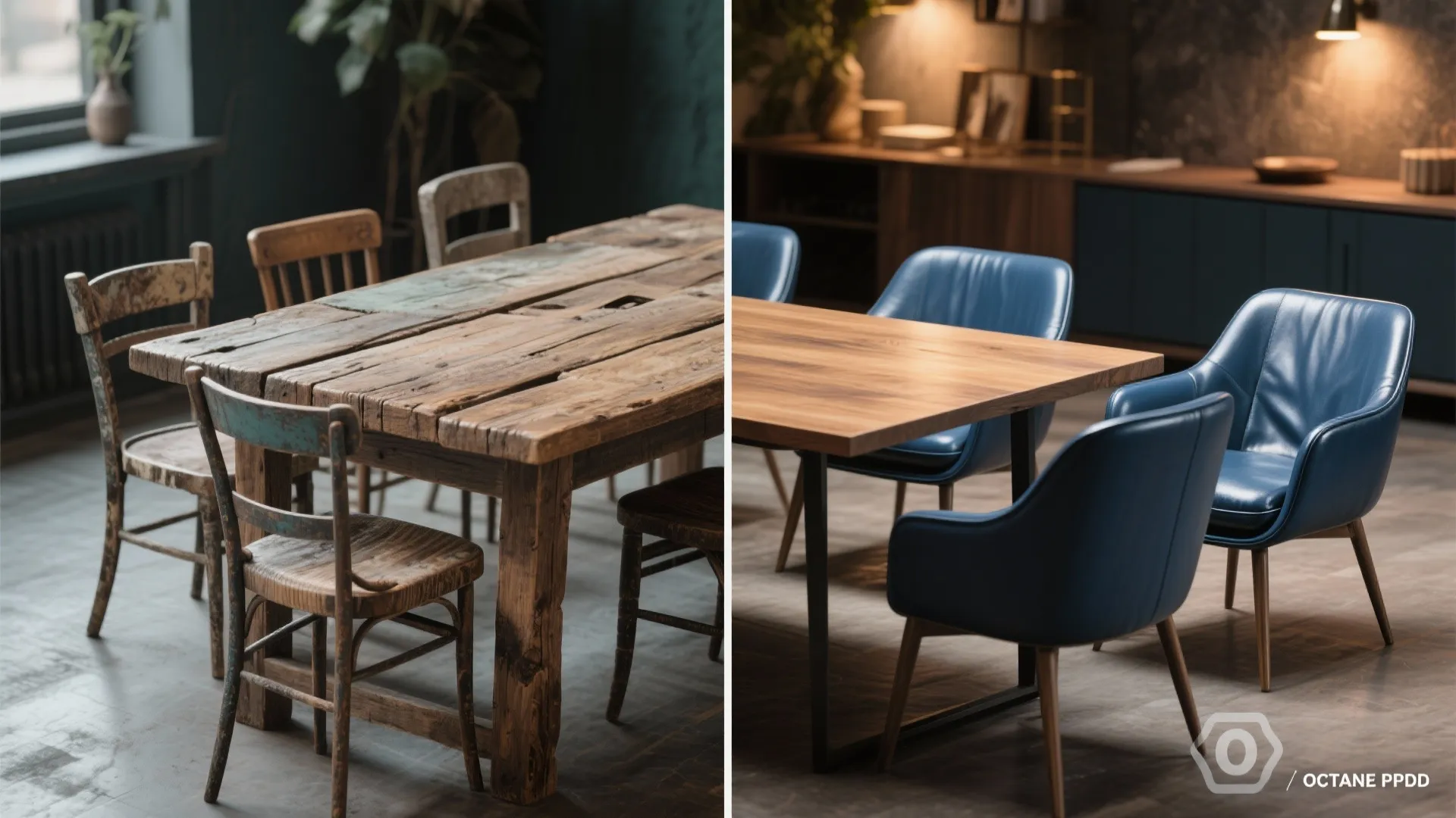 Before-and-after: reclaimed wood table with old chairs vs. same table with blue leather chairs