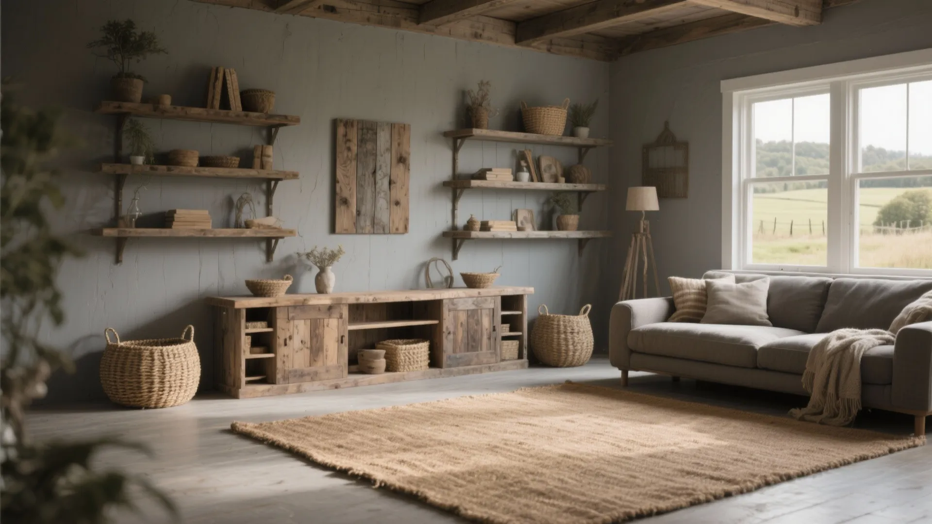 Gray living room with rustic wood and tan jute rug