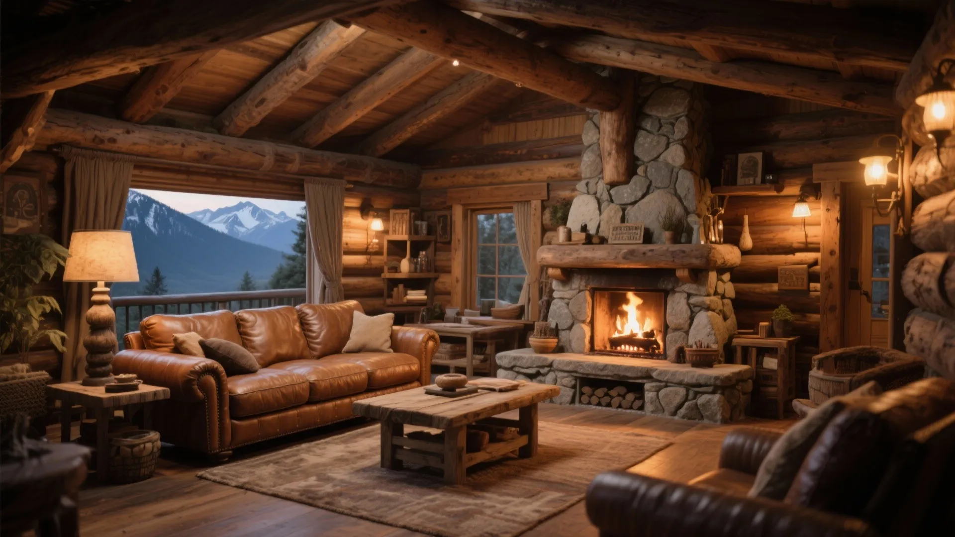 Rustic log cabin interior with leather sofa, stone fireplace, wooden coffee table, and mountain view