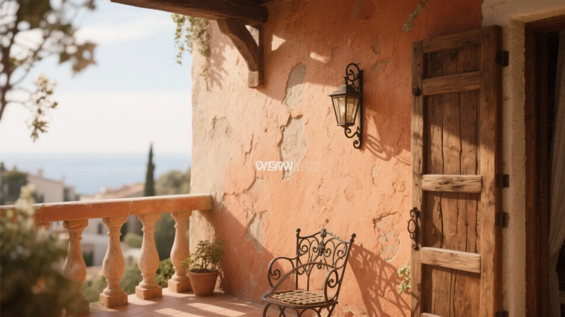Rustic balcony with orange textured wall, black wall light, wooden door, metal chair, and views