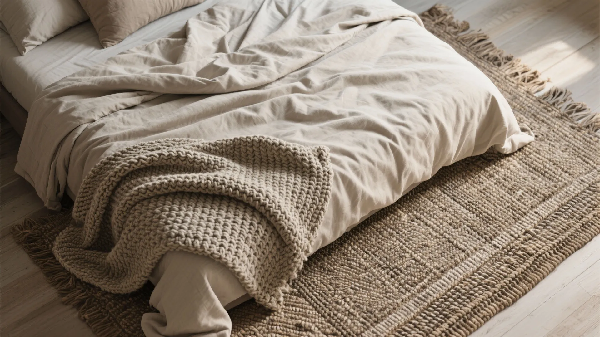 Flatlay of rustic bedroom textiles in neutral shades