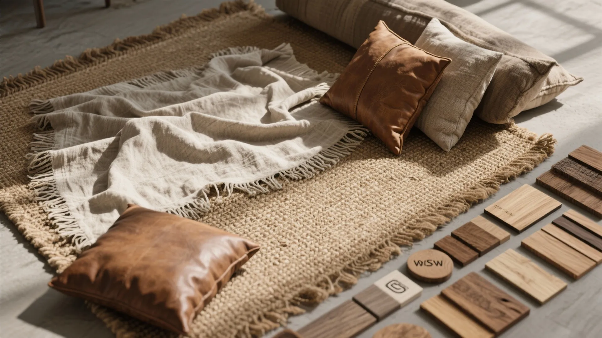 Large woven floor rug with brown leather pillows and various wood material samples in sunlight
