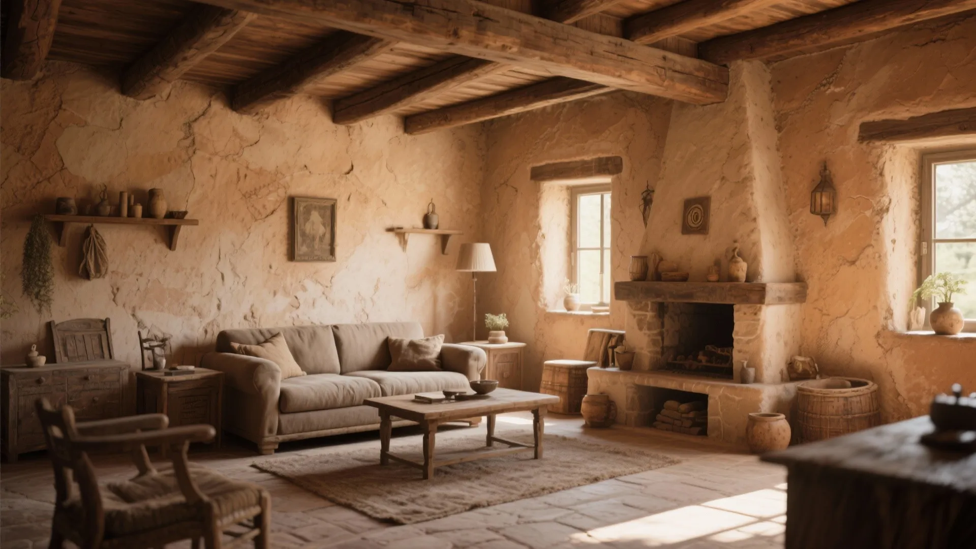 Rustic living room with textured plaster walls wooden ceiling beams fireplace brown sofa and warm lighting