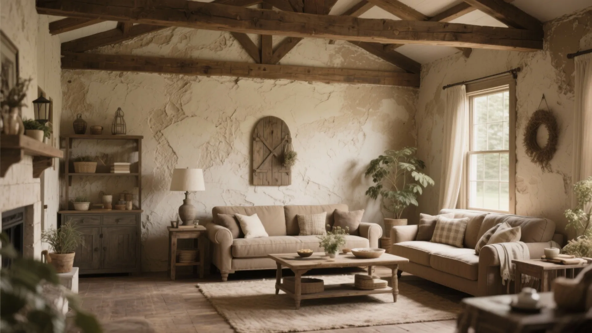 Rustic living room with textured beige walls wooden ceiling beams two sofas and coffee table