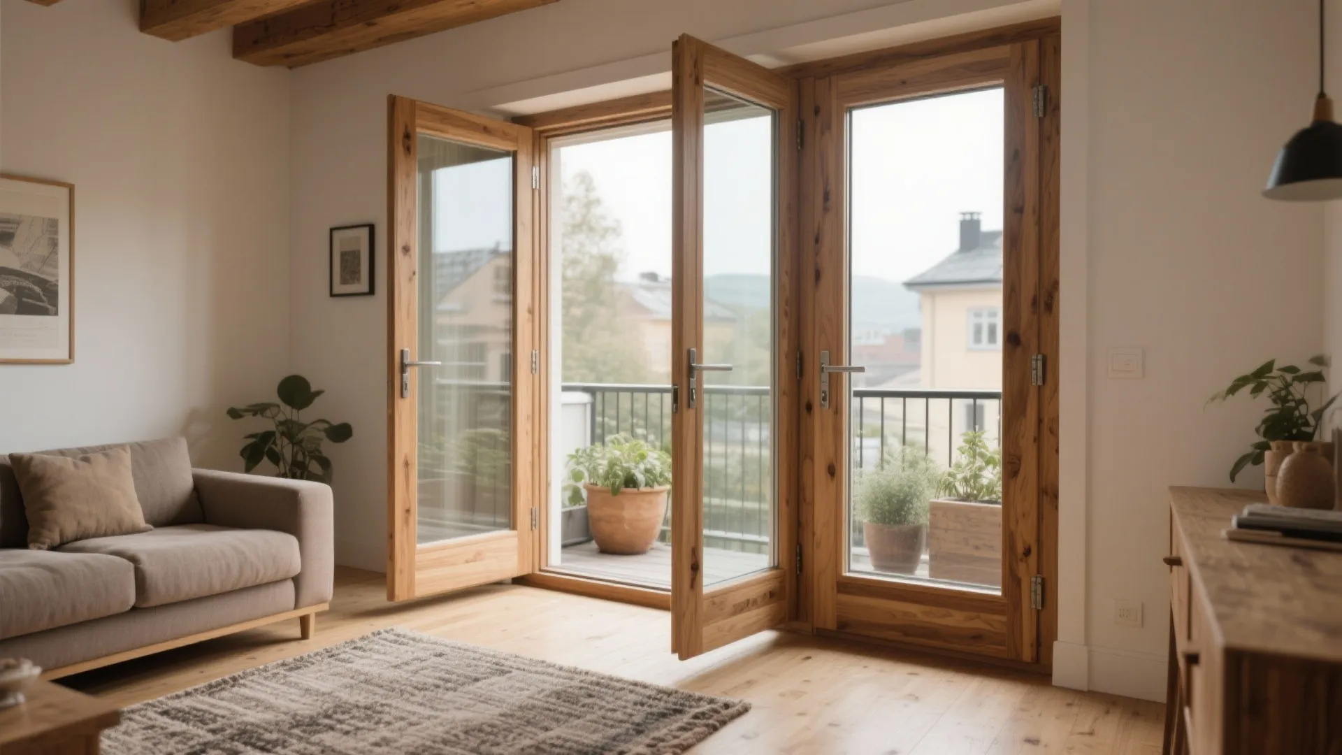 Rustic solid oak balcony doors with thermally broken frames and low-e glazing create a cozy, efficient room.