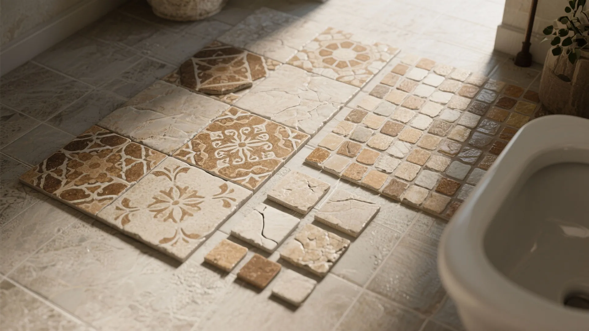 Rustic patterned tile samples in earthy tones