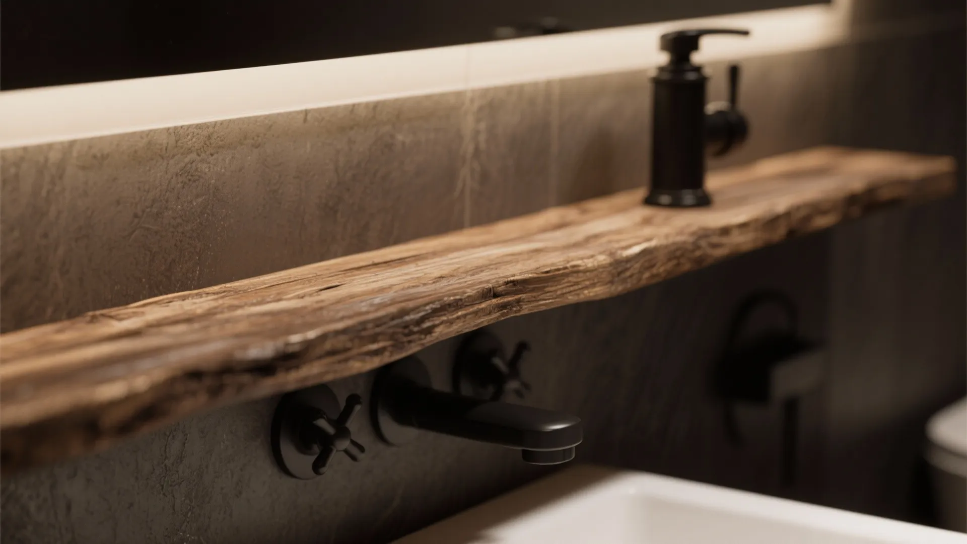 Rustic bathroom detail with natural wood shelf black water tap white sink and grey wall