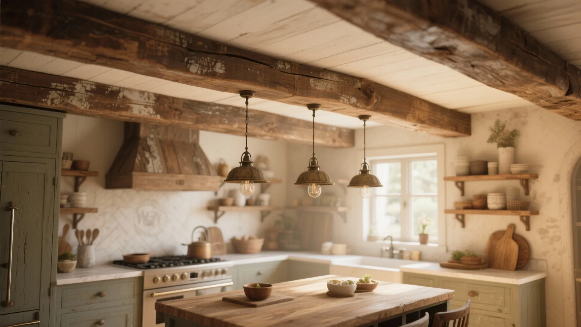 Rustic kitchen with dark wood ceiling beams metal light fixtures over island and green cabinets