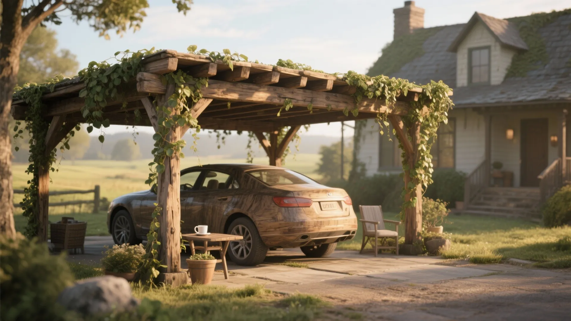 Rustic timber pergola-style carport with climbing vines
