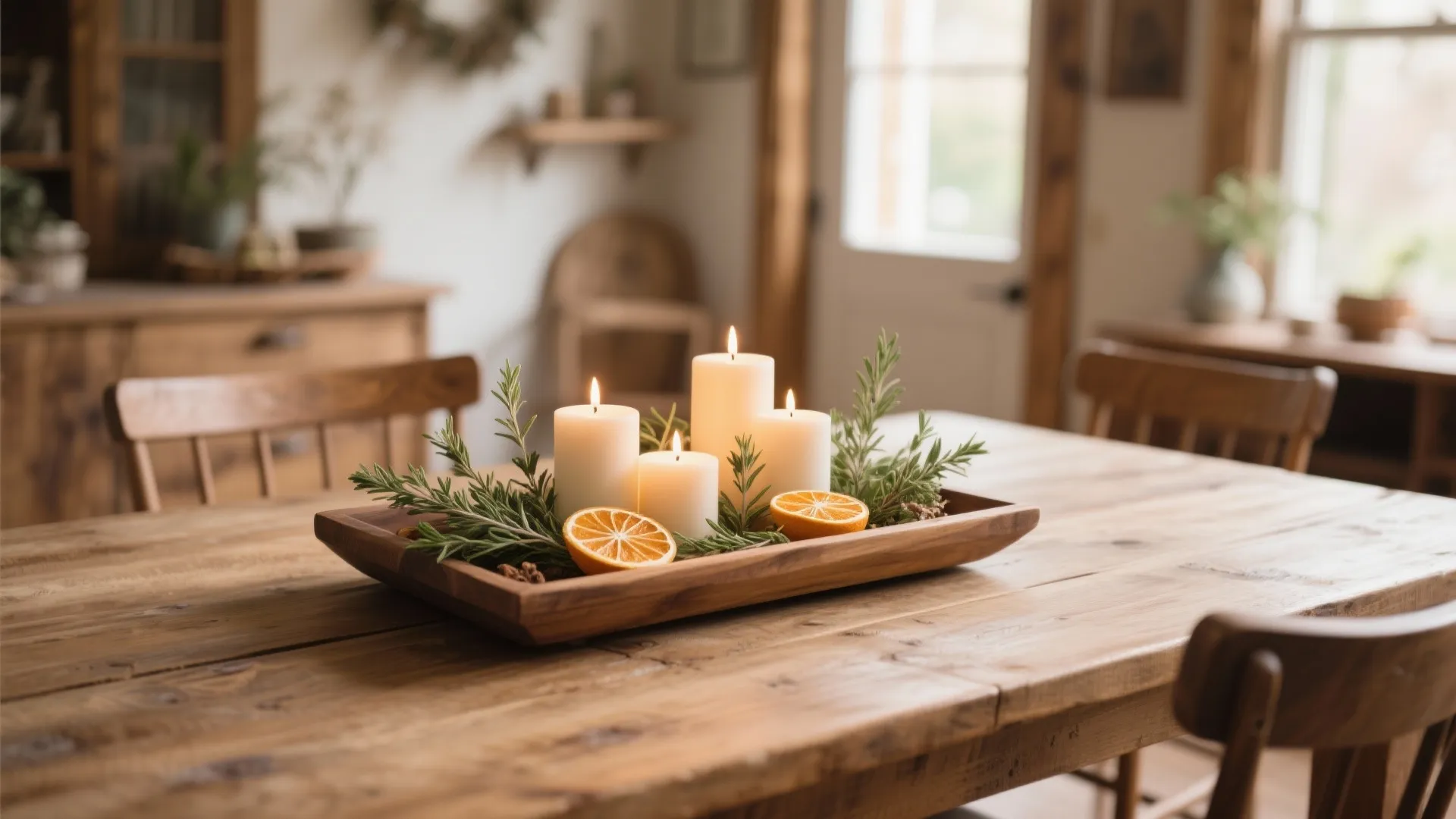 Wooden tray with candles, herbs, and dried citrus slices