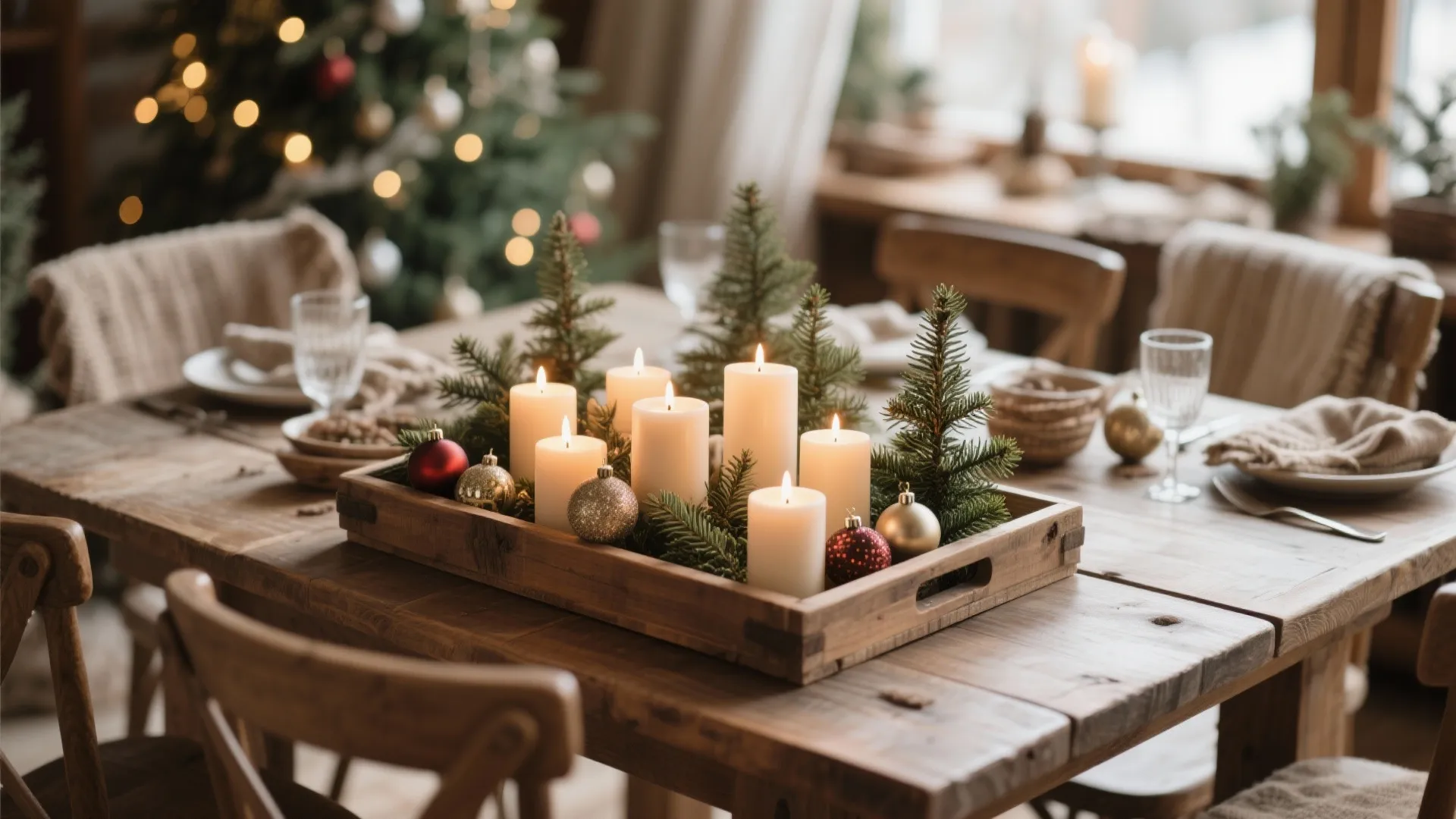 Rustic wooden tray holding white candles and small green trees on a wooden dining table