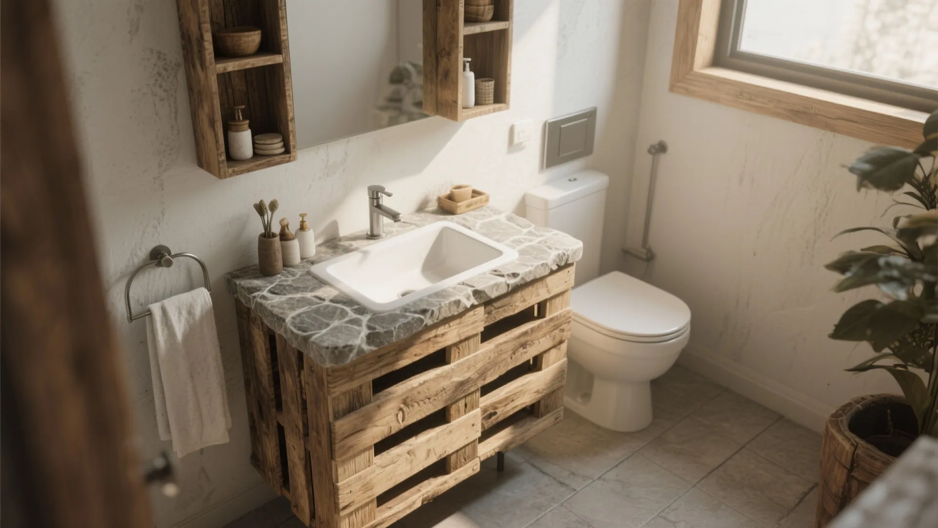 Rustic pallet wood vanity base with stone countertop