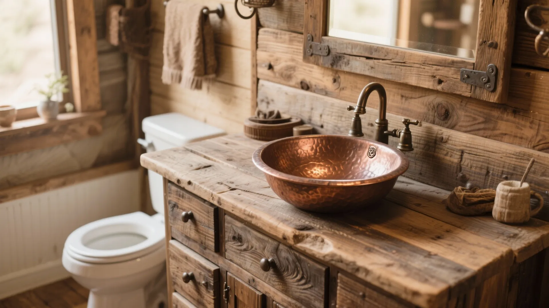Rustic aged wood vanity with hammered copper sink in cowboy bathroom