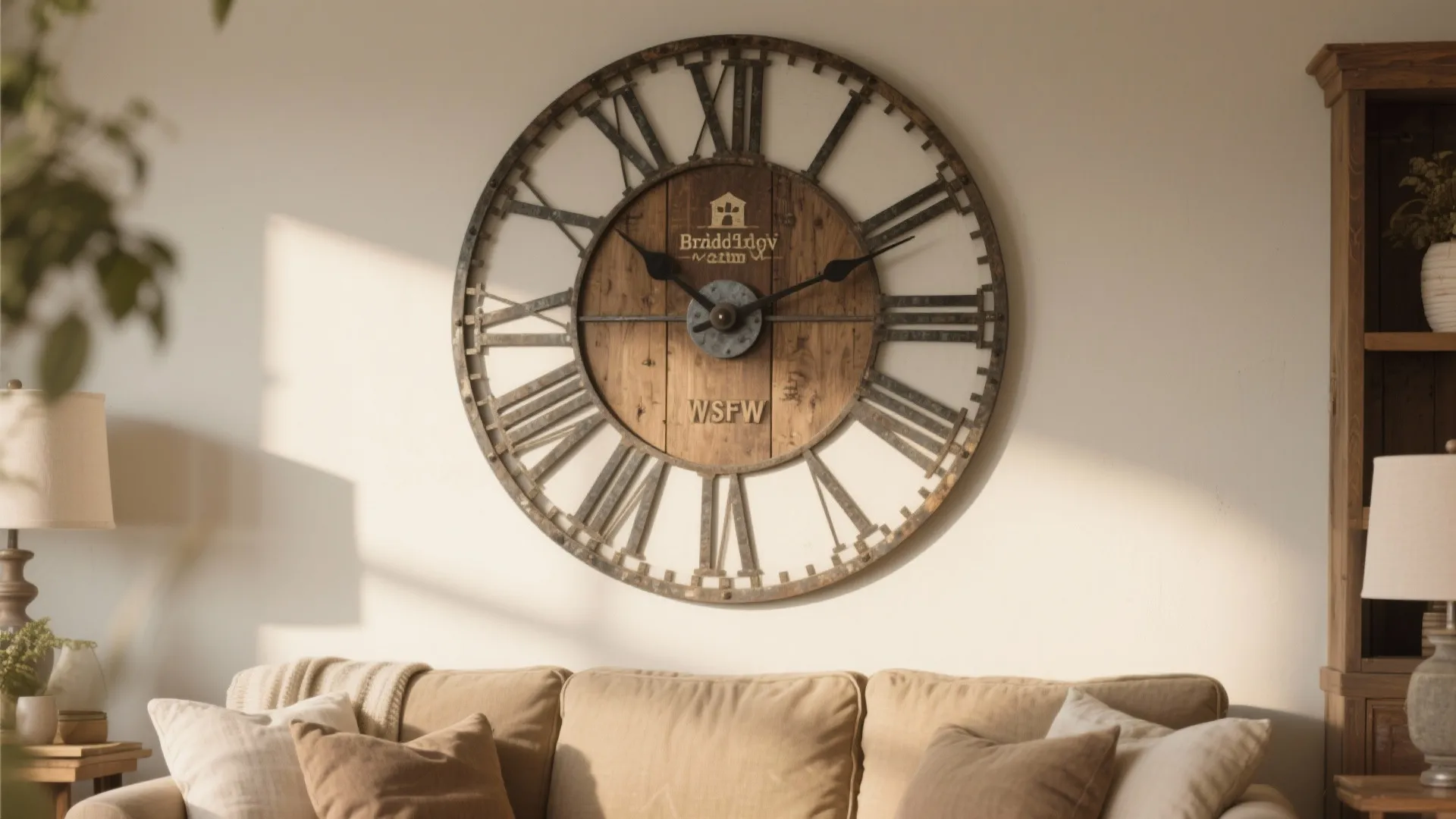 Large wooden round wall clock with roman numerals hanging above a beige sofa with pillows