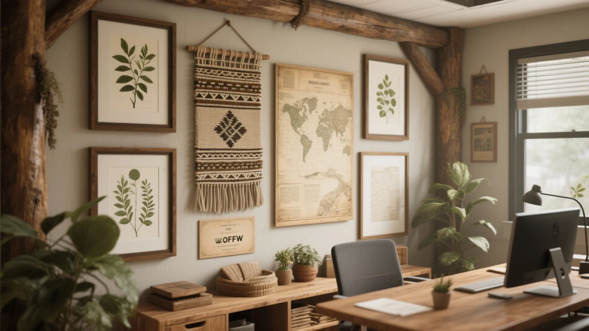 Rustic office wall featuring framed leaf prints, woven wall hanging, world map, and wooden desk