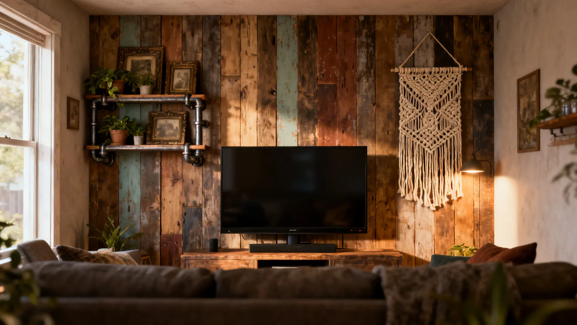 Living room featuring a television on a wooden stand against a colorful reclaimed wood wall