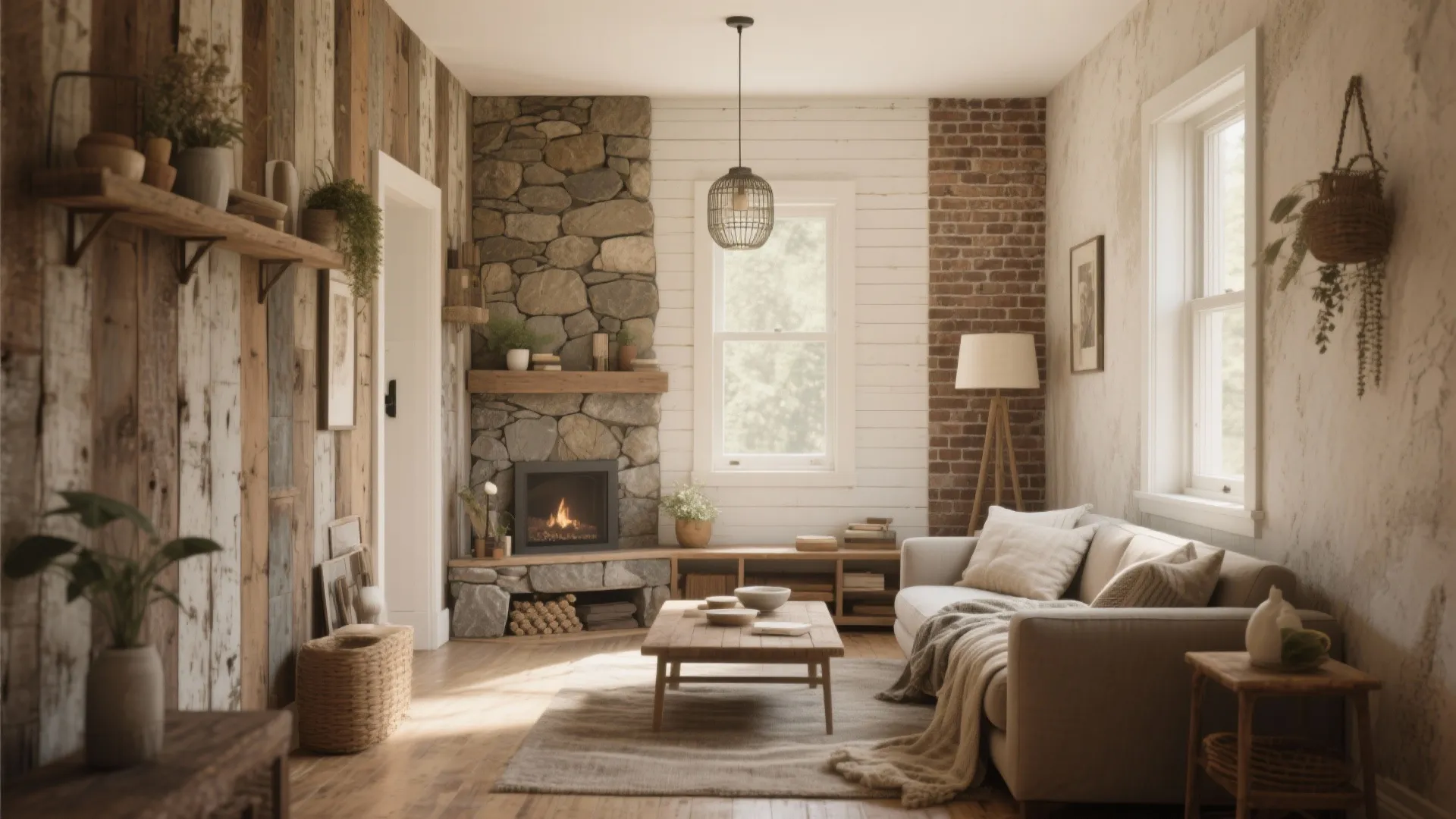 Cozy rustic living room featuring a stone fireplace white sofa wooden coffee table and ceiling light