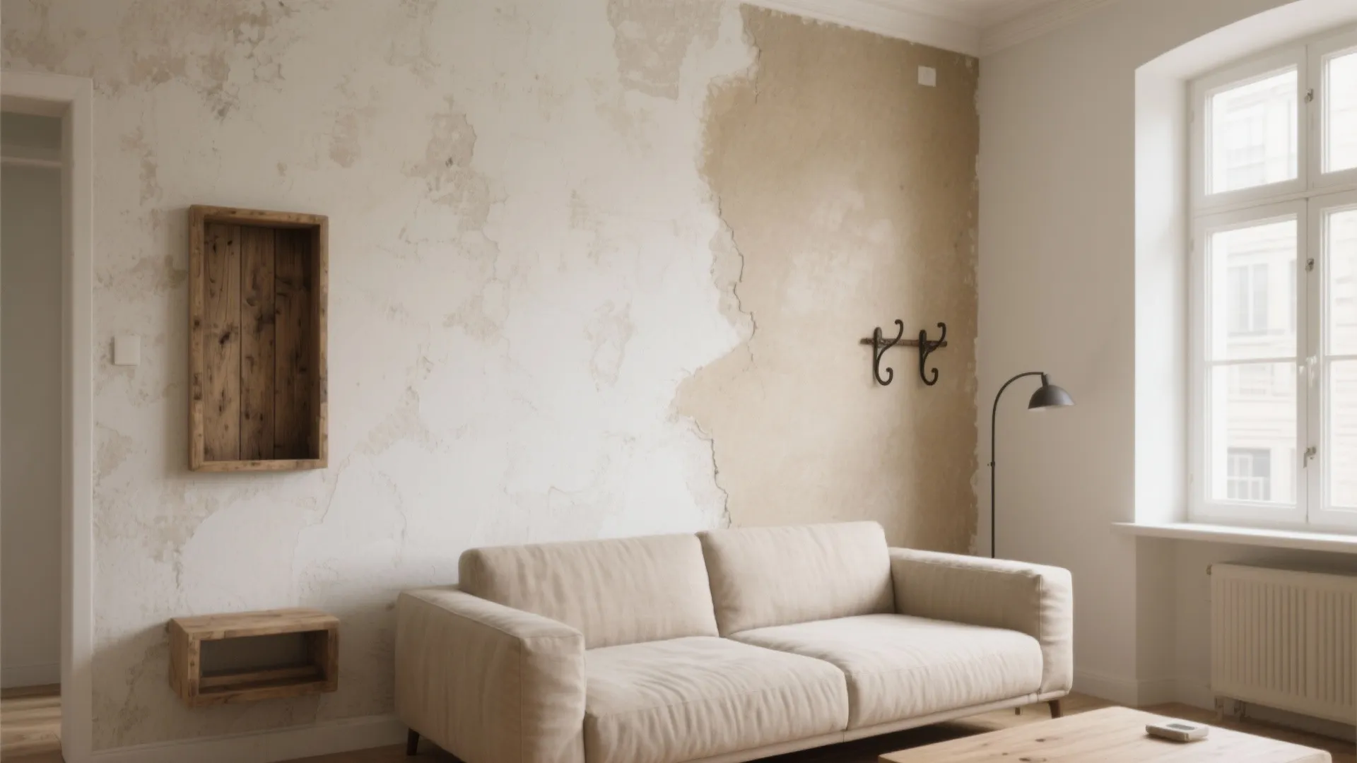Living room with cream sofa, rustic textured wall, black floor lamp, and white framed window