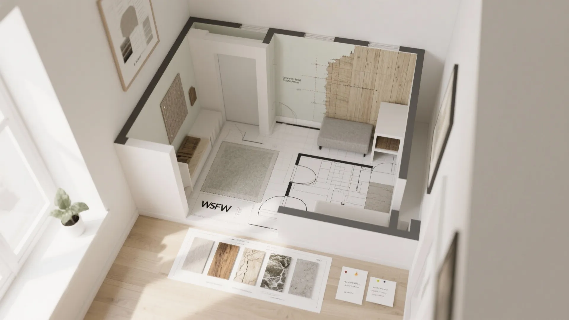 Interior design drawing showing room layout with material samples, grey sofa, and light wood flooring