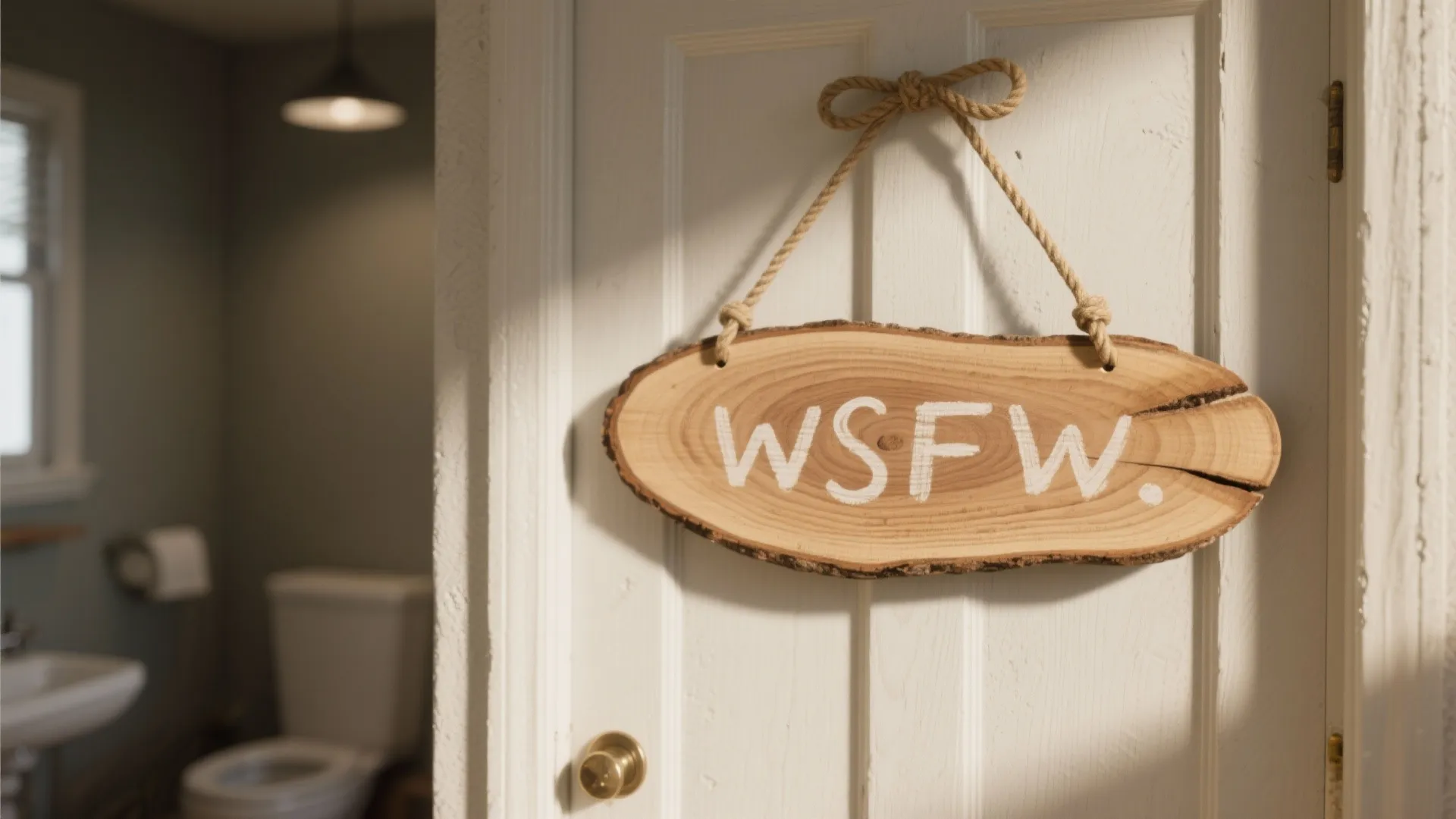 Rustic oval wood sign hanging on a white bathroom door with rope in natural light