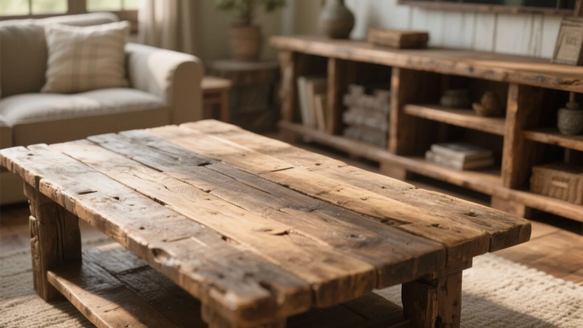 Close up of textured wood coffee table in bright living room with cabinet and sofa