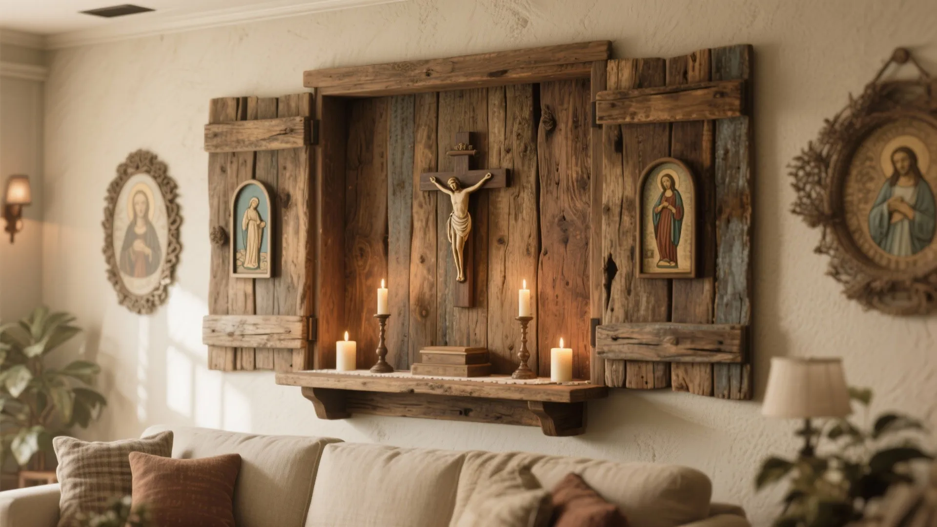 Rustic wooden wall altar with a cross candles and religious art above a living room sofa