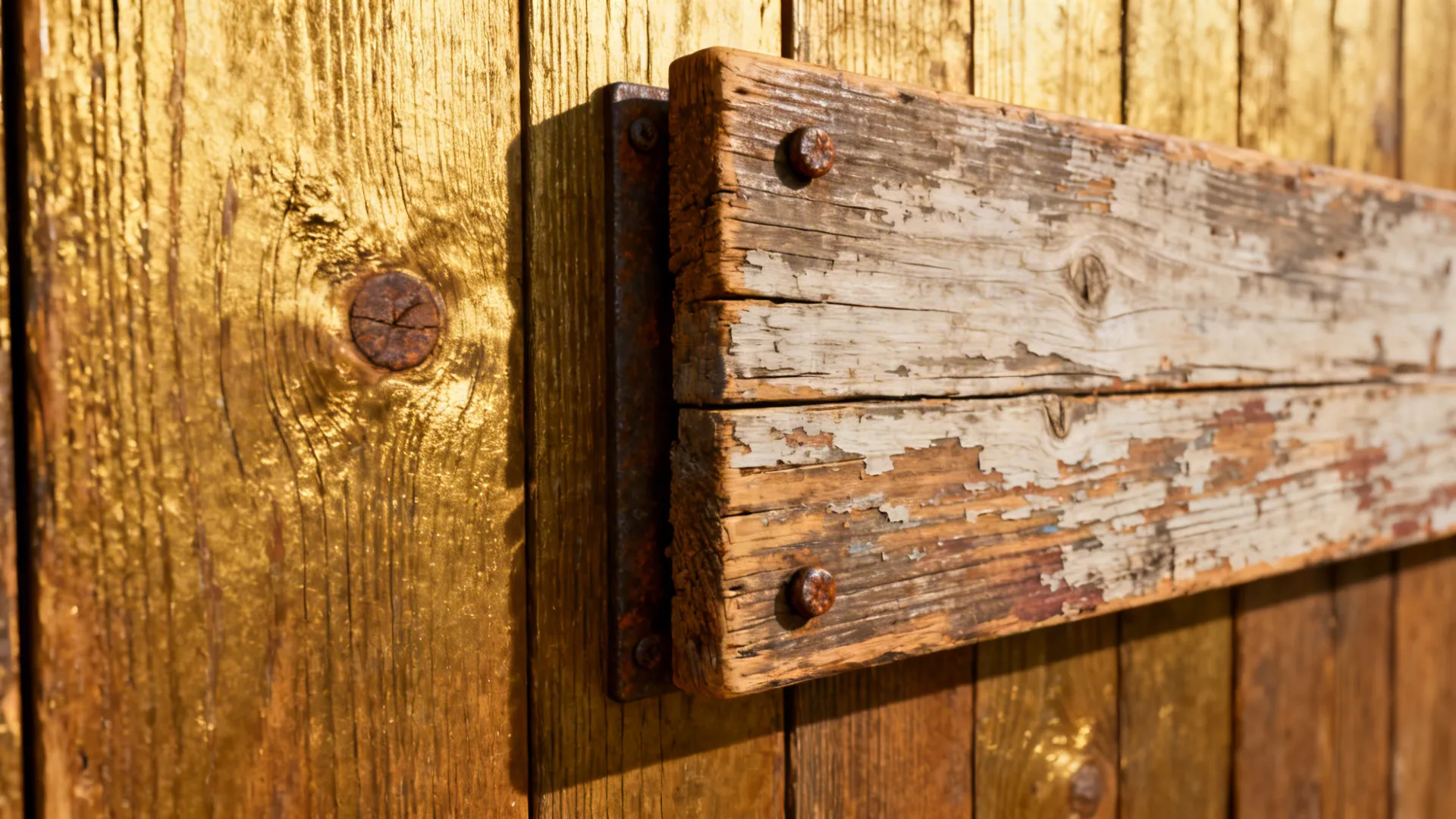 Reclaimed wood wall art and distressed sign showing authentic grain and texture in a farmhouse interior.