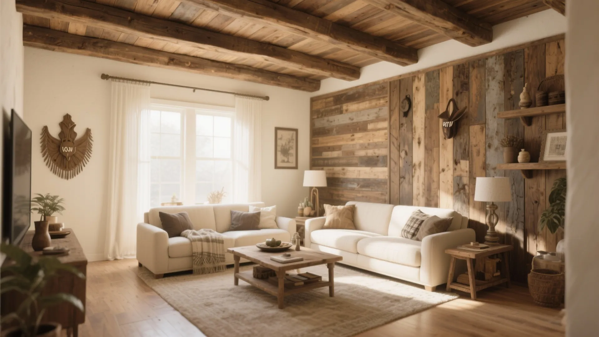 Rustic living room with exposed wood beams and reclaimed wall paneling