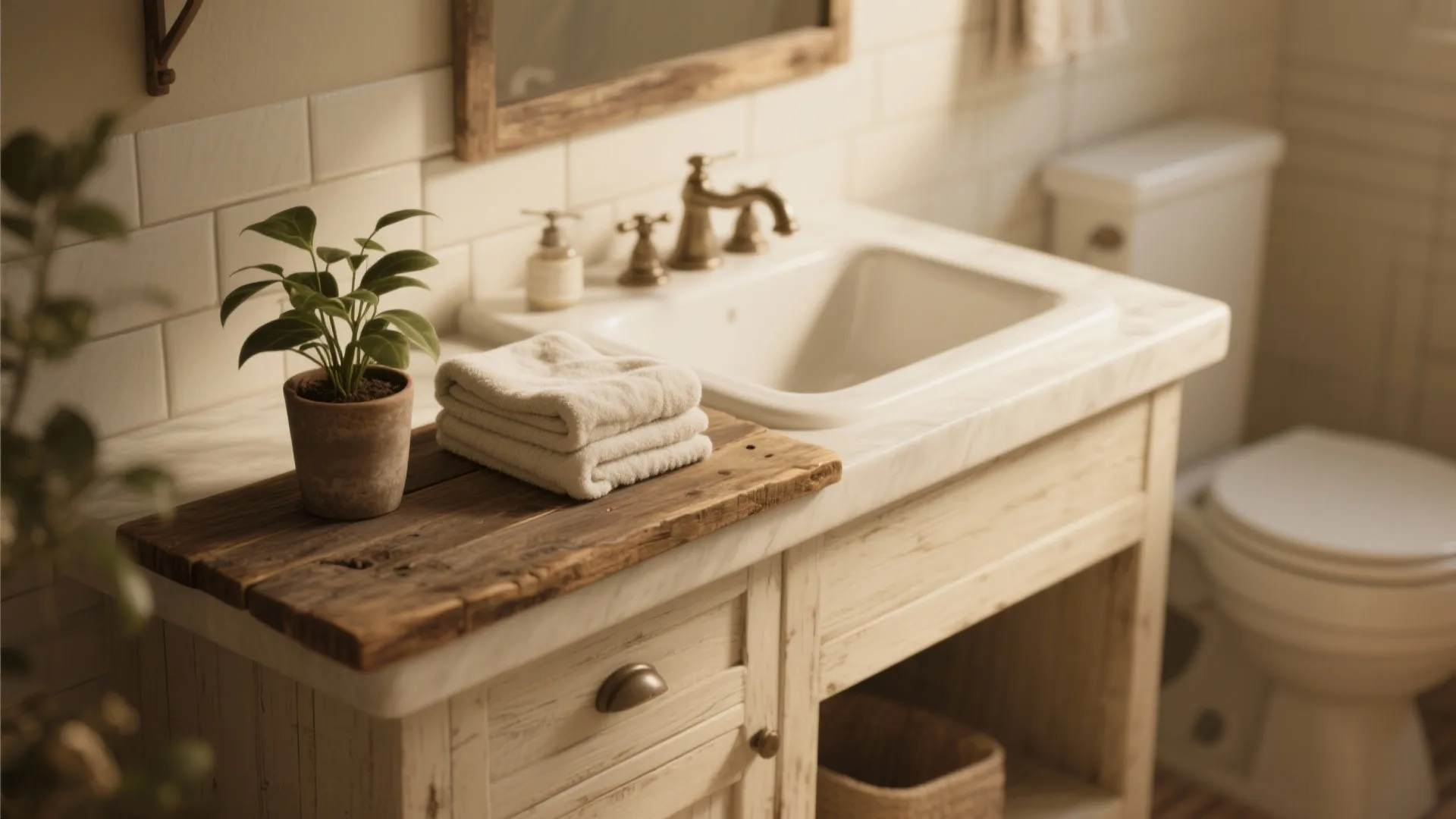 Rustic bathroom vanity with a white sink, wooden board tray, small plant, and white towels