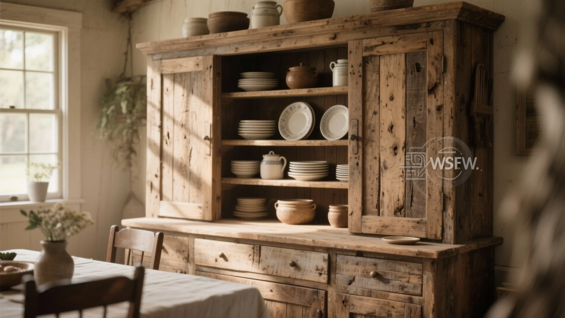 Rustic wooden kitchen cabinet with open shelves holding ceramic plates and bowls in natural sunlight